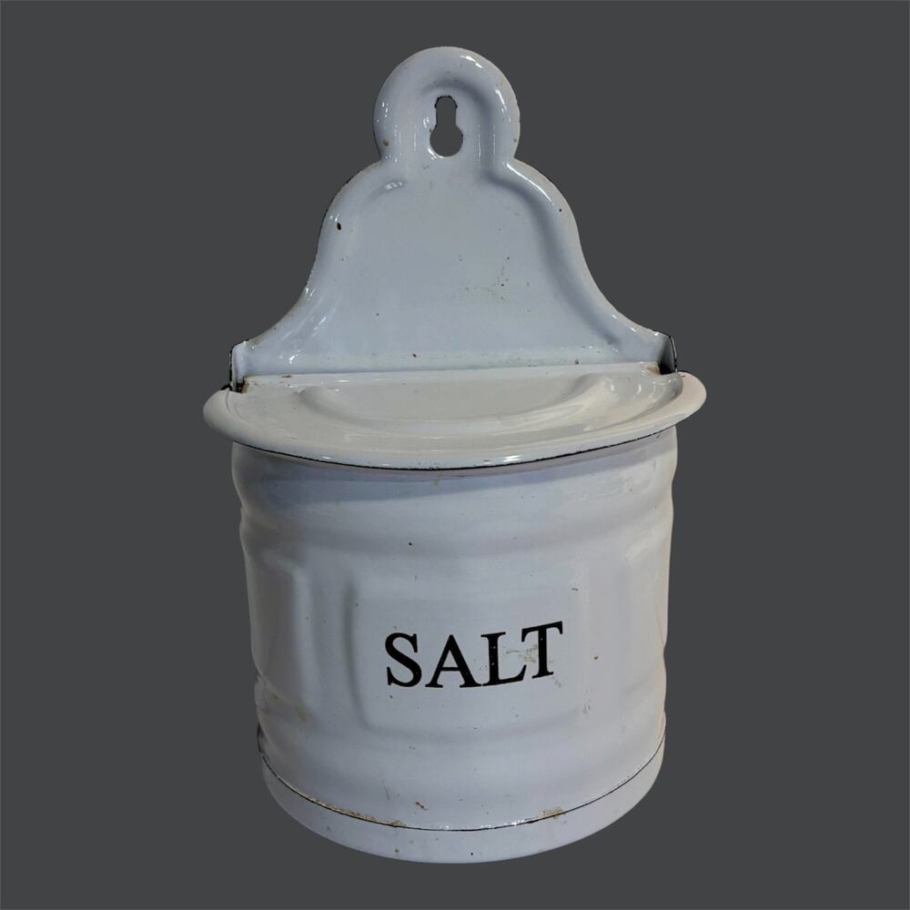 Reproduction Enamelware Salt Box/Hanging Salt Cellar 1990s Vintage 9.5" X 6"